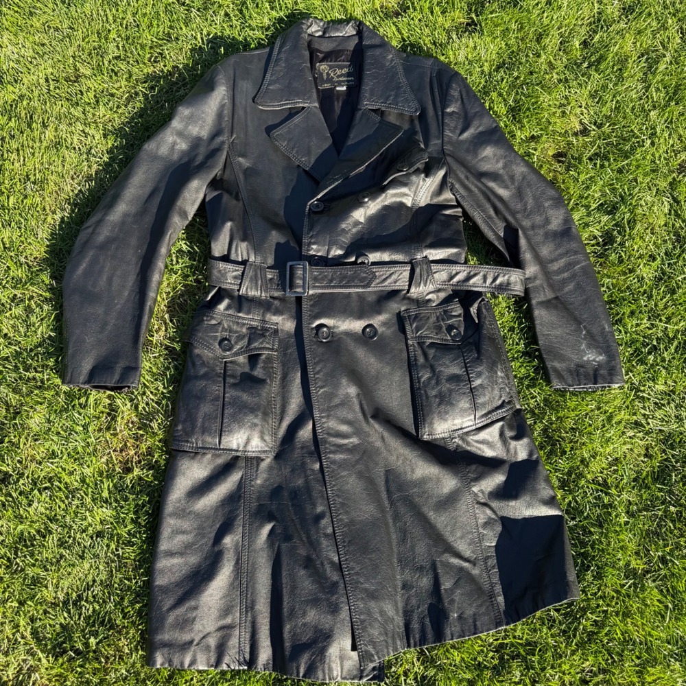 Reed Sportswear Vintage Black Leather Trench Coat Mens 46 Belted Jacket 70s 80s